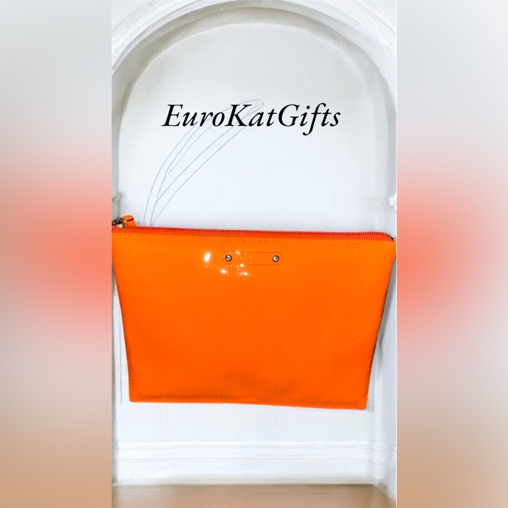 Vintage Kate Spade Clutch Bag Coral Orange Patent Leather look dotted Hearts HTF